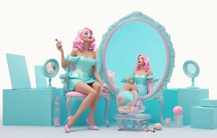 Woman Doing Makeup in Front of Mirror Art 3D Character Illustration